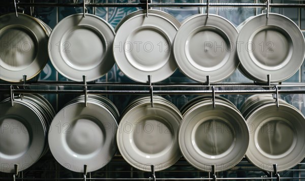 Silver dish rack with neatly hanging white plates featuring circular patterns AI generated