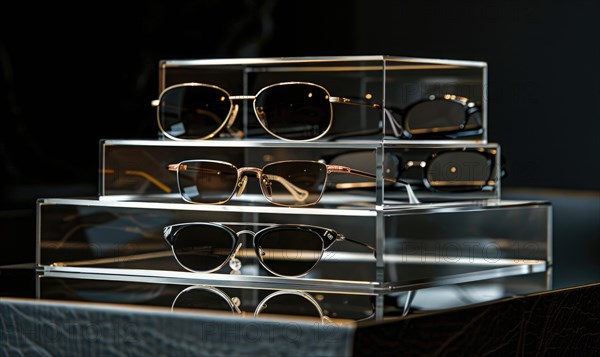 Designer sunglasses presented on a luxury display stand with varied styles AI generated