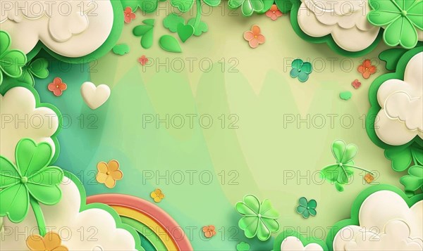 A cheerful scene with a pastel rainbow, clouds, hearts, and shamrocks AI generated
