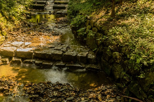 Shallow man made terraced stream through recreational forest on sunny summer day in South Korea