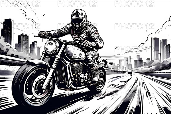 Fast biker in the city with skyscrapers, black and white line art, AI generated
