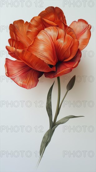 A vibrant red tulip in full bloom with orange tones and a botanical art style, ai generated, AI generated