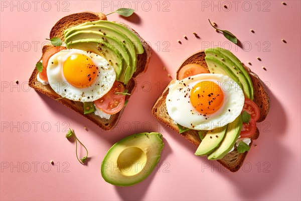 Top view of toast sandwiches with avocado slices and fried egg on pink background. KI generiert, generiert AI generated