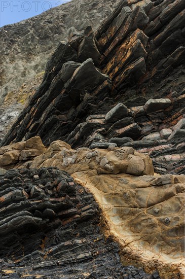 Rock layers on the Portuguese Atlantic coast, geology, grey, beige, nature, natural stone, rock, earth history, rocks, rocky coast, climate, history, texture, background, stone, stone layer, Portugal, Europe