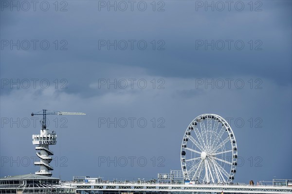 The pier with bungie tower and Ferris wheel, leisure, pleasure, beach, North Sea, promenade, jetty, tourism, travel, holiday, summer holiday, Scheveningen, The Hague, Holland, Netherlands