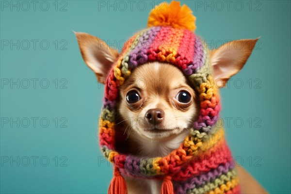 Cute small Chihuahua dog with colorful knitted winter hat in front of blue studio background, AI generated