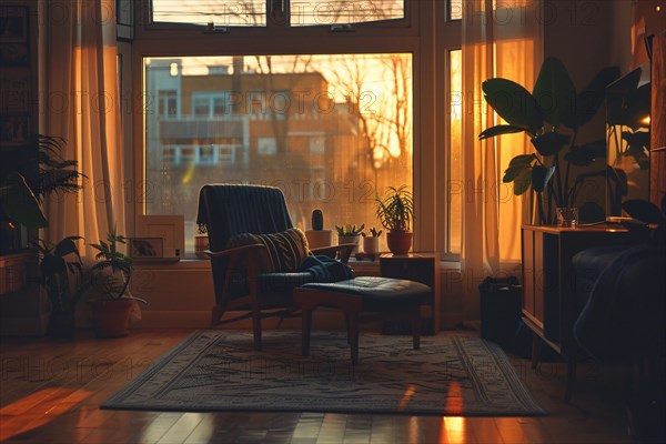 Serene urban apartment during sunrise with a chair and houseplants basking in the golden light, AI generated