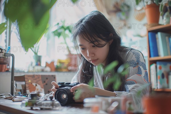 A concentrated young woman with a camera amidst indoor plants, engaging in her hobby, AI generated