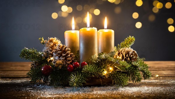 Ai generated, Advent wreath with burning candles, Christmas time, Christmas decoration, 3rd Advent, Third Advent