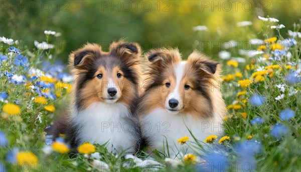 KI generated, Two long-haired collies lying in a colourful flower meadow, (Canis lupus familiaris), Lassie