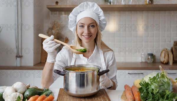 AI generated, An attractive blonde cook in the kitchen of a hotel tastes a vegetable soup