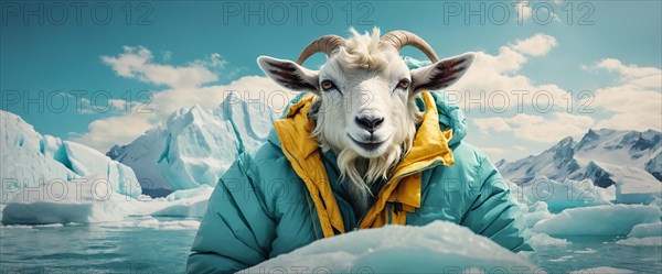 Goat dressed in a yellow puffer jacket amongst icebergs, evoking a whimsical feel, alone isolated in the artic sea. Environmental and climate change issues concept, AI generated
