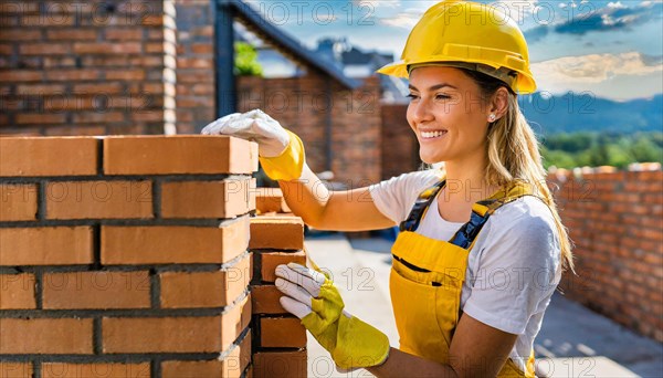 AI generated, A female bricklayer inspects a brick wall, 30, 35, years