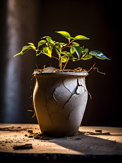 Flourishing green plant bursting with vitality from within a cracked clay pot emulating resilience, AI generated