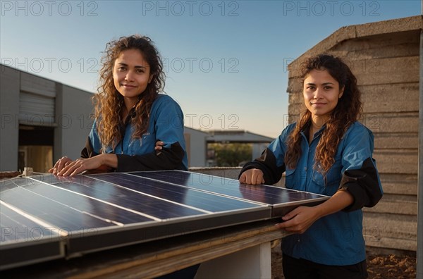 Two women installing solar panels on a rooftop, showcasing teamwork, climate change agenda concept, AI generated