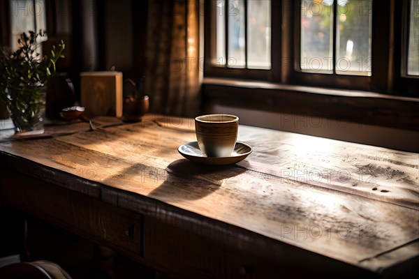 Rustic wooden table adorned with the history of ring marks from coffee cups and scratches, AI generated