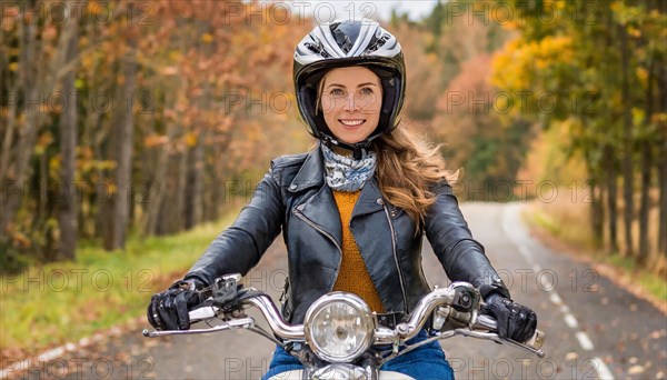 AI generated, An attractive woman rides her motorbike through an autumn landscape