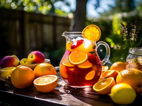 Sangria pitcher brimming with oranges lemons apples, AI generated