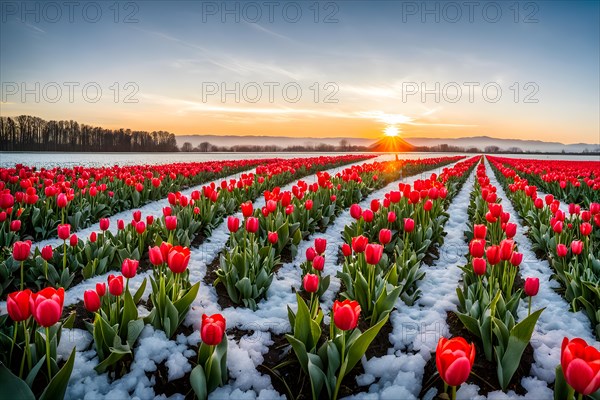 Tulip field on a frosty morning each flower embraced by a thin layer, AI generated