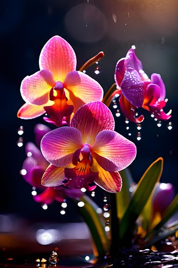 Pink orchid under gentle rain water droplets, AI generated