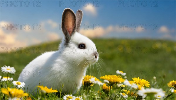KI generated, A white dwarf rabbit in a meadow with white and yellow flowers, spring, side view, (Brachylagus idahoensis)