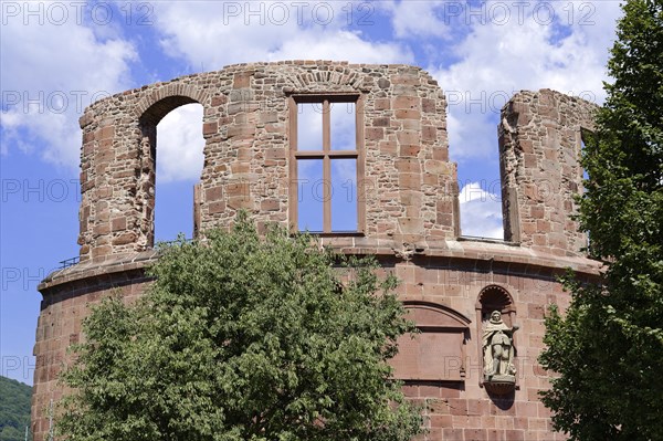 Old ruined wall (Heidelberg Castle), with window opening, sculpture and tree in front of it, Heidelberg, Baden-Wuerttemberg, Germany, Europe
