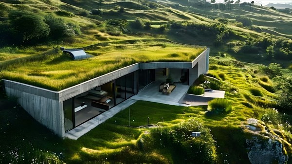 House nestled within a hillside grass blanketed roof harmonizing with the landscape, AI generated, building, architecture, modern