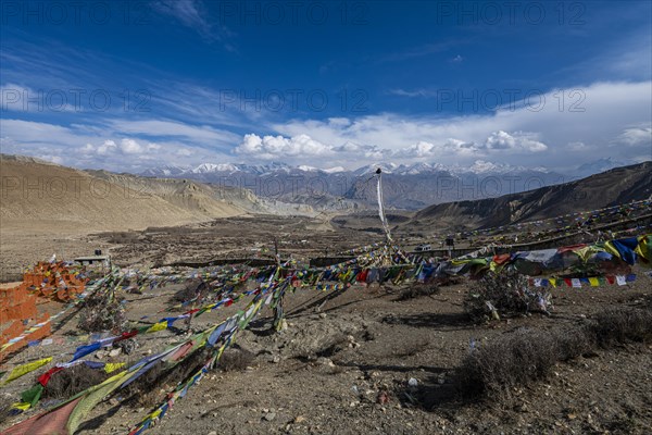 Praying flags, Ghar Gumba monastery, Kingdom of Mustang, Nepal, Asia