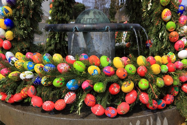 Detail of an Easter fountain in Franconian Switzerland, Bamberg district, Upper Franconia, Germany, many colourful blown-out and dyed eggs as decoration, Easter custom, Europe