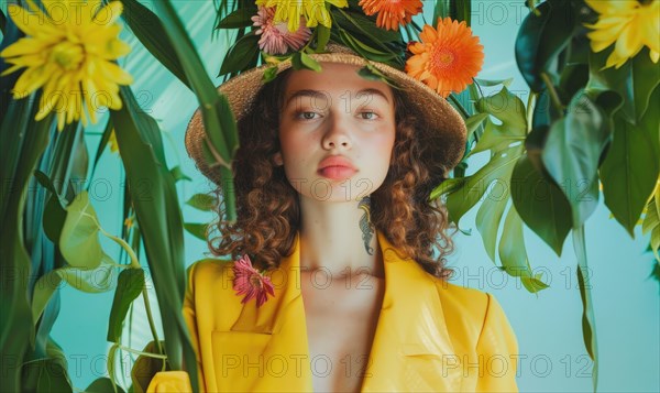 Young woman in yellow, adorned with a floral hat against a tropical background AI generated