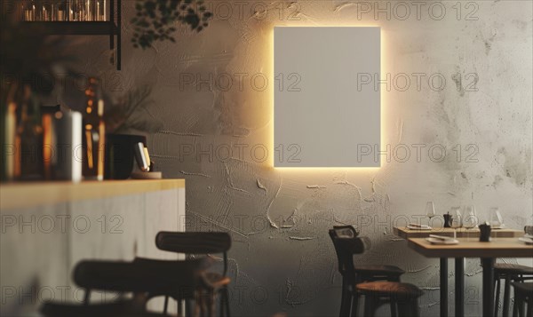 Stylish dining area featuring a luminous empty frame on a textured wall AI generated
