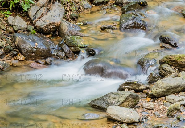 Small water fall cascading down rocks in the middle of a small mountain stream in Guam