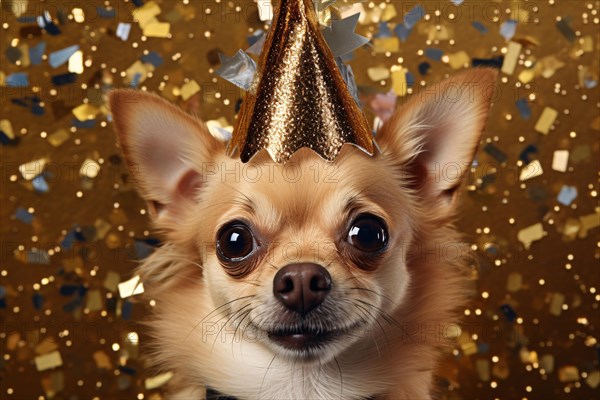 Portrait of Chihuahua dog with golden birthday or new year party hat with confetti. KI generiert, generiert AI generated