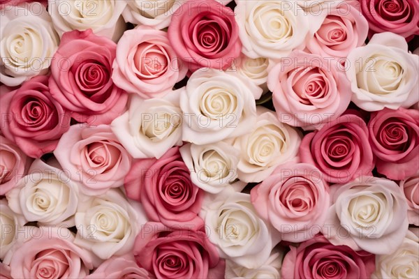 Top view of many romantic pink and cream white rose flowers. KI generiert, generiert AI generated