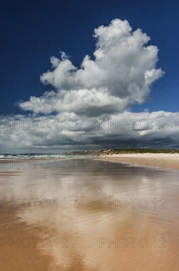 Algarve beach, wide, nobody, clear, blue sky, cloud, summer holiday, beach holiday, sea, ocean, Atlantic, Atlantic Ocean, sandy beach, coast, Atlantic coast, national park, geography, climate, travel, neutral, empty, sun, nature, natural landscape, beach landscape, water, reflection, surfer beach, Aljezur, Carrapateira, Sagres, Portugal, Europe