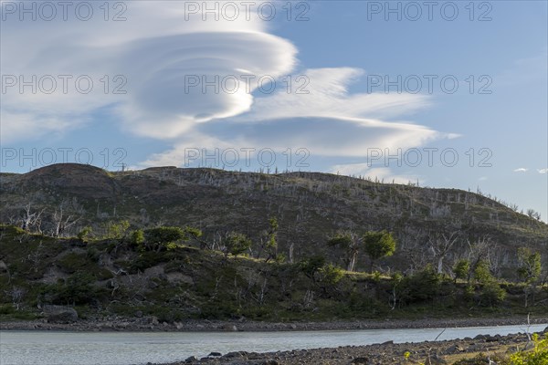 UFO-shaped clouds over Lago Grey, Torres del Paine National Park, Parque Nacional Torres del Paine, Cordillera del Paine, Towers of the Blue Sky, Region de Magallanes y de la Antartica Chilena, Ultima Esperanza Province, UNESCO Biosphere Reserve, Patagonia, End of the World, Chile, South America