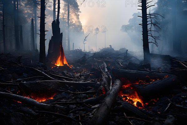 Charred tree trunks standing amidst the ashes, AI generated