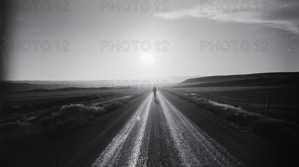 A lone person standing on a long road towards the horizon with the sun setting ahead, AI generated