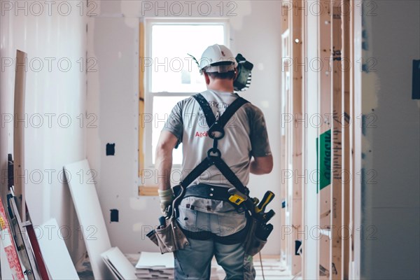 A construction worker equipped with safety gear viewing an interior work site, AI generated