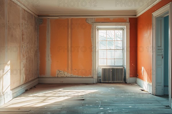 Sunlit empty room with orange walls, peeling paint, and wooden floor, AI generated