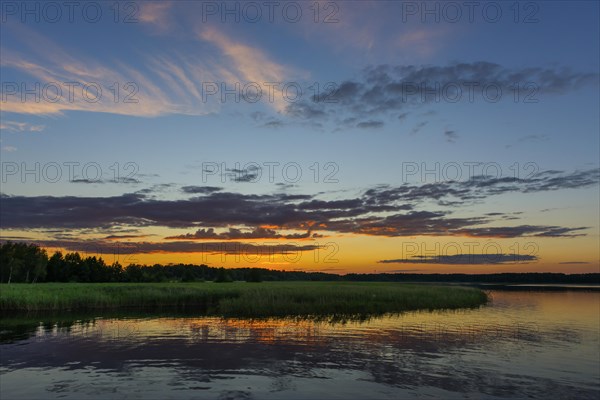 Landscape in the evening light, evening sun, evening sky, sunset, seascape, natural landscape, coast, lake, panorama, sky, orange, natural, atmosphere, evening mood, water, romantic, journey, holiday, boat trip, boat trip, houseboat, recreation, relaxation, calmness, silence, nobody, tourism, environment, reflection, Masuria, Poland, Europe