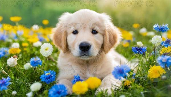 KI generated, A Golden Retriever lies in the grass of a flower meadow, young animals, animal children, (Canis lupus familiaris)