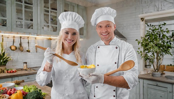 AI generated, Two attractive chefs in the kitchen of a hotel, man and woman