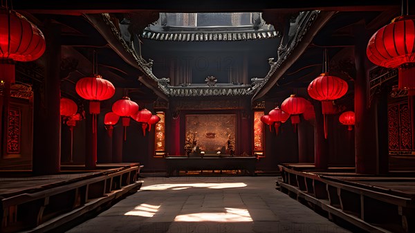 Shaolin temple interior with red lanterns, AI generated