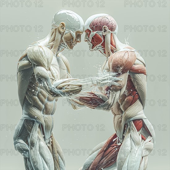 Two skeletons with muscle representation face each other in a confrontation pose, AI generated, AI generated, AI generated