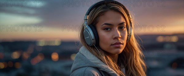 Focused caucasian blonde woman with headphones wearing a hoodie against a city backdrop at dusk, bokeh blurred background, horizontal aspect ratio, AI generated