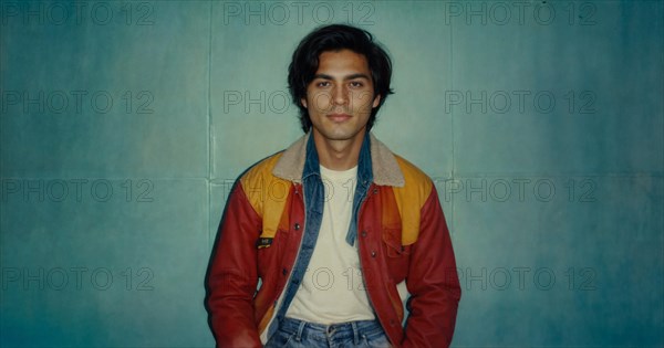 Vintage film 35mm retro portrait photo of a asian indonesian Man in retro-inspired casual attire standing against a blue backdrop with a calm demeanor, AI generated