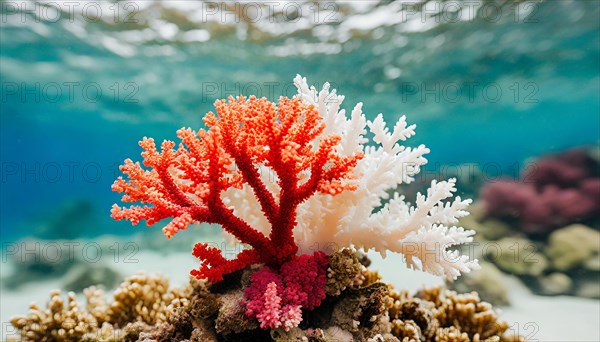 AI generated, red and white corals in the sea, polyps, small marine animals