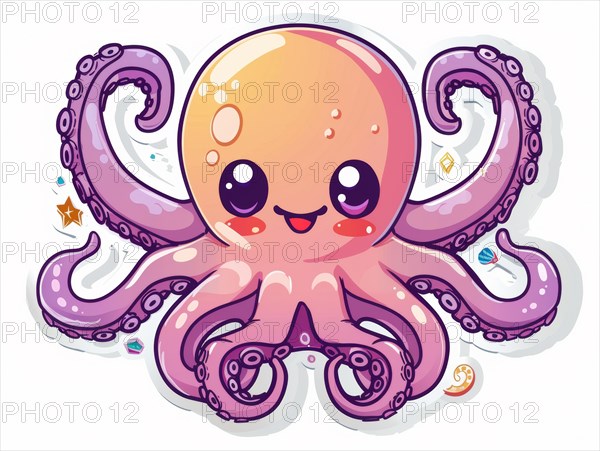 A smiling, purple cartoon octopus with cute eyes and decorated tentacles, ai generated, AI generated