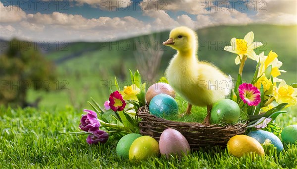 Ai generated, An Easter basket with coloured eggs in a meadow with colourful flowers, in the basket a gosling, symbolic image Easter, animal children